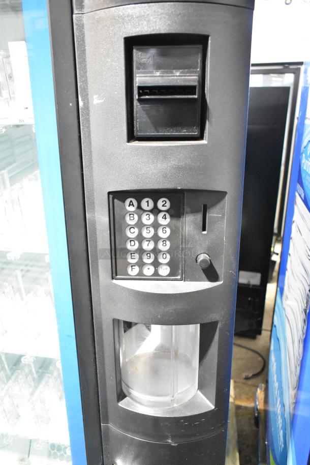 Crane 5800-4 metal commercial bottled drink vending machine with bill acceptor, keypad, 115 volts, 1 phase.