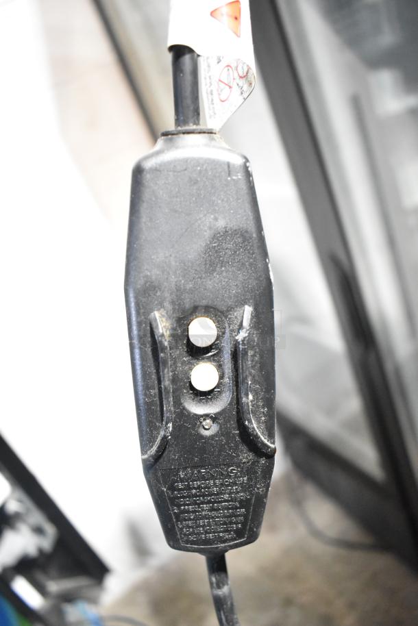 Crane 5800-4 metal commercial bottled drink vending machine with bill acceptor, 115 volts, 1 phase, shown with plug.