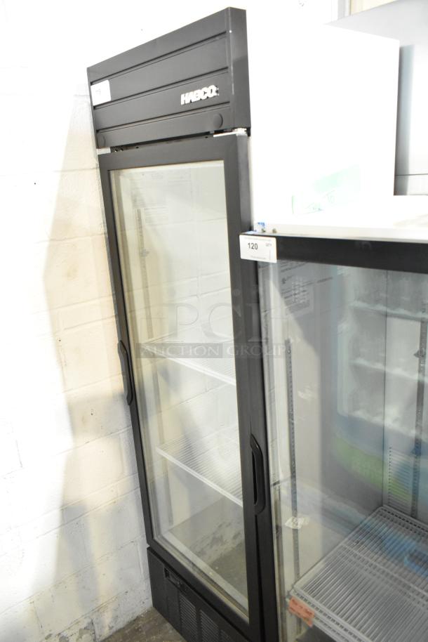 2019 Habco SE18 commercial single-door reach-in cooler, black, glass front, 115V, 1 Phase, excellent condition.