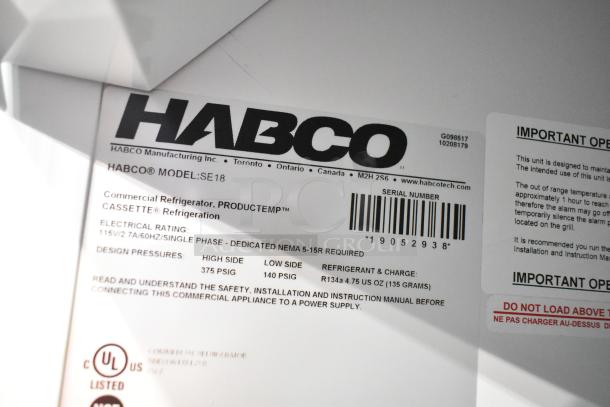 2019 Habco SE18 Commercial Cooler label showing model, serial number, electrical rating, and UL certification.