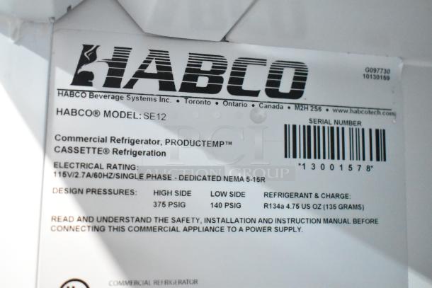 Habco SE12 Commercial Single Door Cooler Merchandiser label, showing model, electrical specs, and refrigerant details.