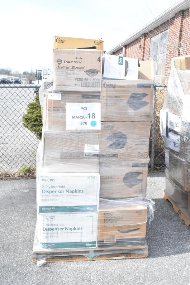 Pallet of 33 brand new scratch and dent items, including hot cups, gloves, containers, bags, and teaspoons, wrapped in plastic.