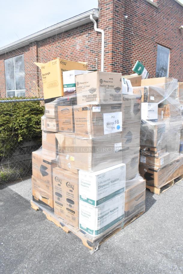 Pallet of 33 brand new scratch and dent items including boxes of hot cups, gloves, containers, bags, and teaspoons.
