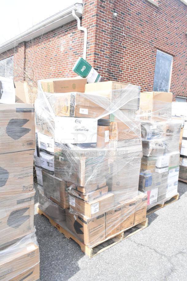 Pallet of 37 new scratch and dent items including wax pan liners, napkins, containers, portion cups, gloves, wrapped.