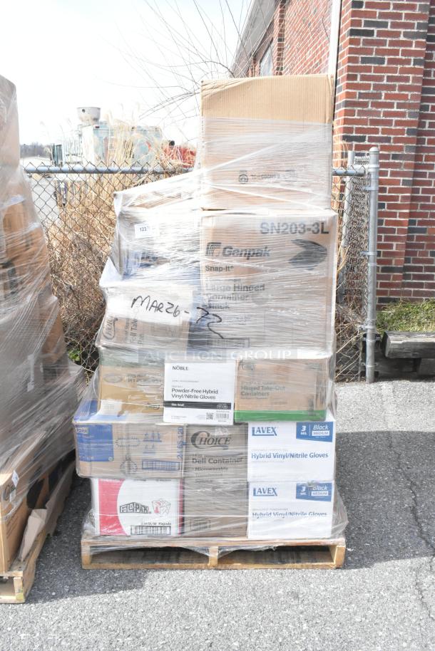 Pallet with 27 brand new scratch and dent items, including Noble hybrid gloves, containers, and fiber plates, wrapped in plastic.