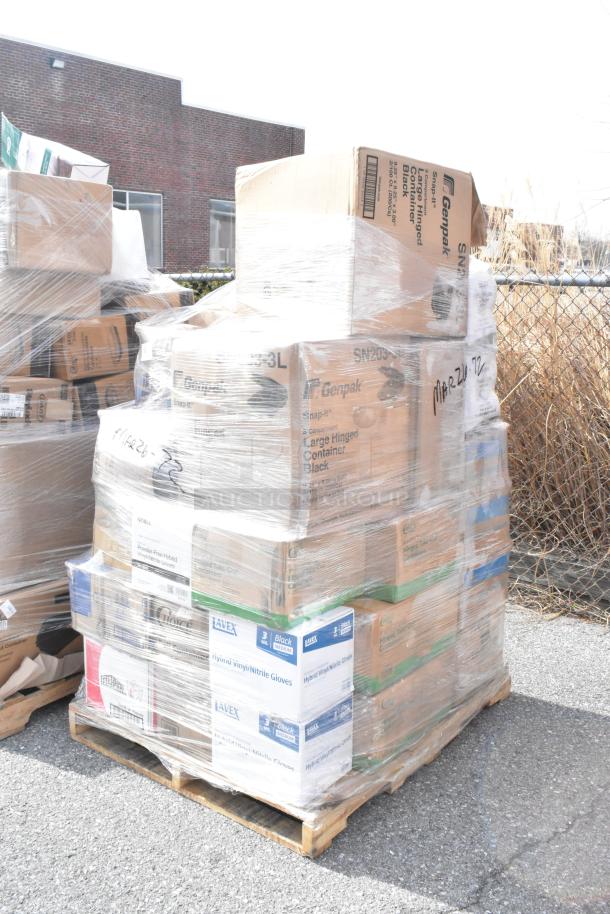 Pallet of 27 new scratch and dent items, including Genpak containers, Lavex gloves, fiber plates, and paper towels.