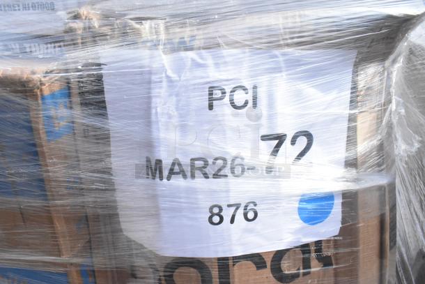 Pallet of 27 new scratch and dent items including gloves, containers, fiber plates, covered in plastic wrap. Tags read "MAR26-72."