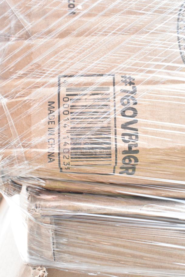Stacked cardboard boxes under plastic wrap, marked "#760VB4GR," "Made in China," containing scratch and dent items.