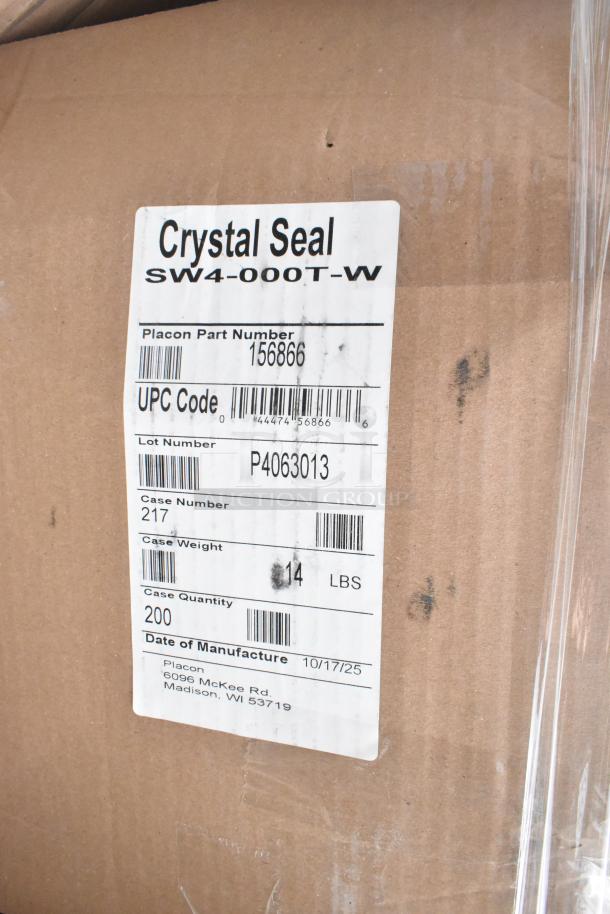 Cardboard box labeled "Crystal Seal SW4-000T-W," 14 lbs., case quantity 200, by Placon, Madison, WI. Manufacture date 10/17/25.