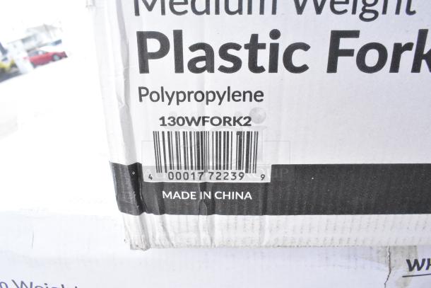 Box label showing "Medium Weight Plastic Forks, Polypropylene, 130WFORK2, Made in China" with barcode.