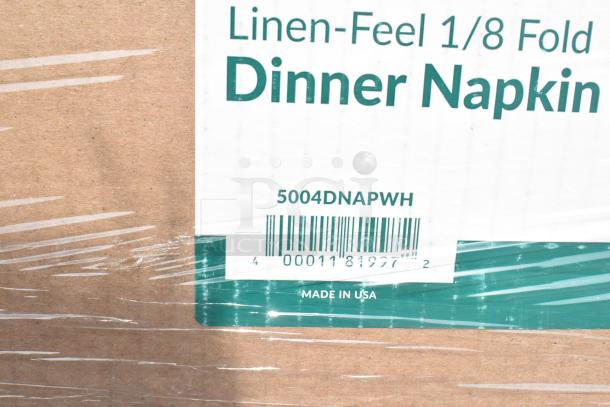 Brown box labeled "Linen-Feel 1/8 Fold Dinner Napkin" with barcode 5004DNAPWH, marked "Made in USA."