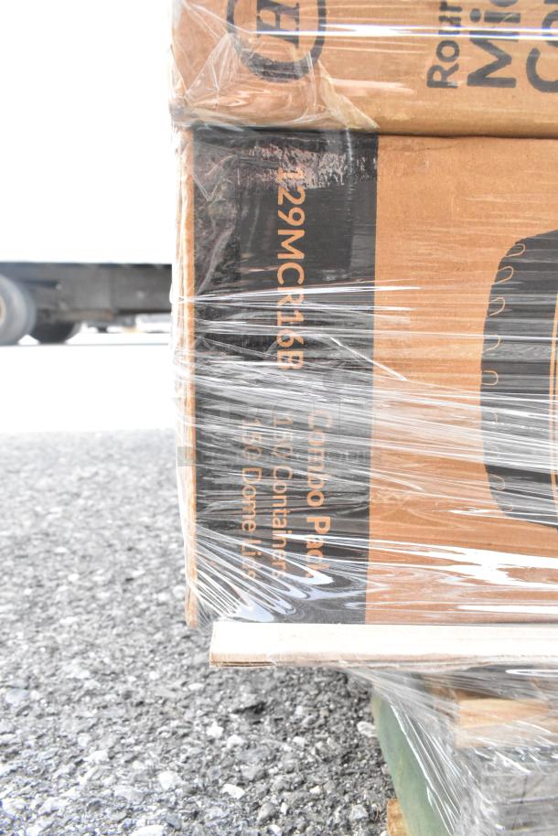 29 boxes of new scratch and dent items wrapped on a pallet, including containers, labeled with Combo Pack and 129MCR16B.