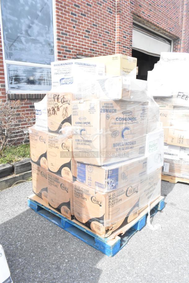 Pallet of boxed scratch and dent items including Choice cold cups and Concorde portion cups, secured with plastic wrap.