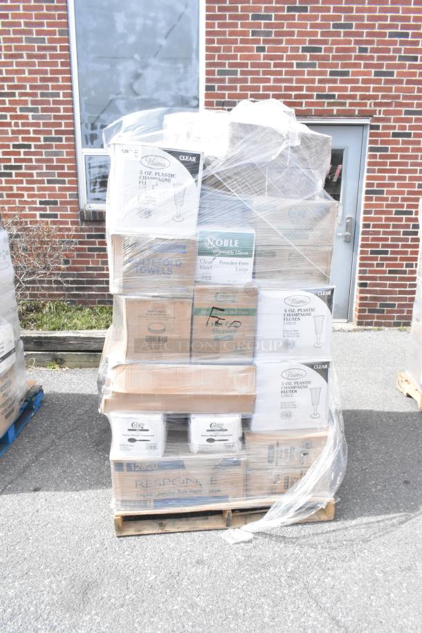 Pallet of 36 new items including wrapped cups, champagne flutes, gloves, containers; labeled as scratch and dent items.