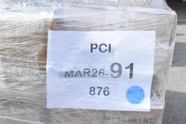 Plastic-wrapped pallet containing 37 new scratch and dent items, including piping tips and serving trays. Label shows "PCI MAR26-91 876."