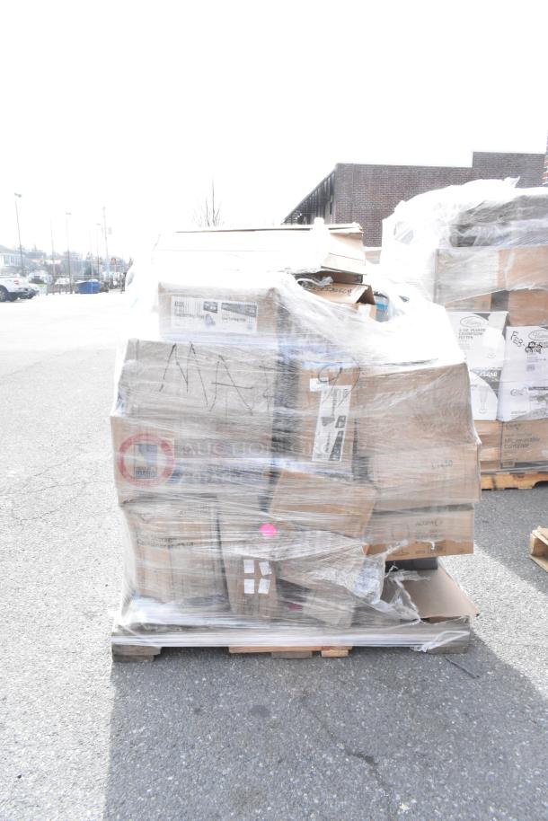 Sealed pallet with 37 brand new scratch and dent items, including piping tips and serving trays. Boxes show labels and markings.