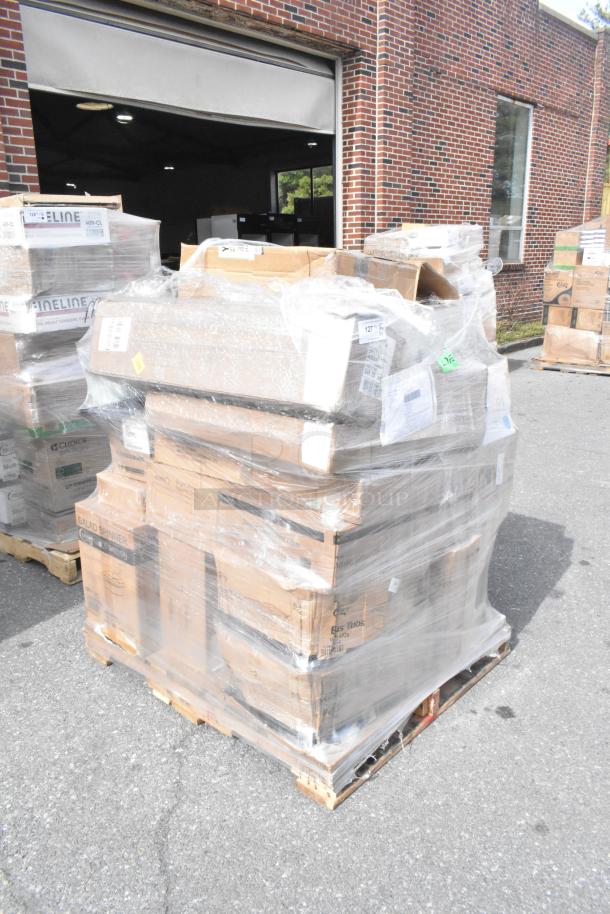 Pallet with 37 new scratch and dent items, including piping tips, trays, and glasses, wrapped in plastic for auction.