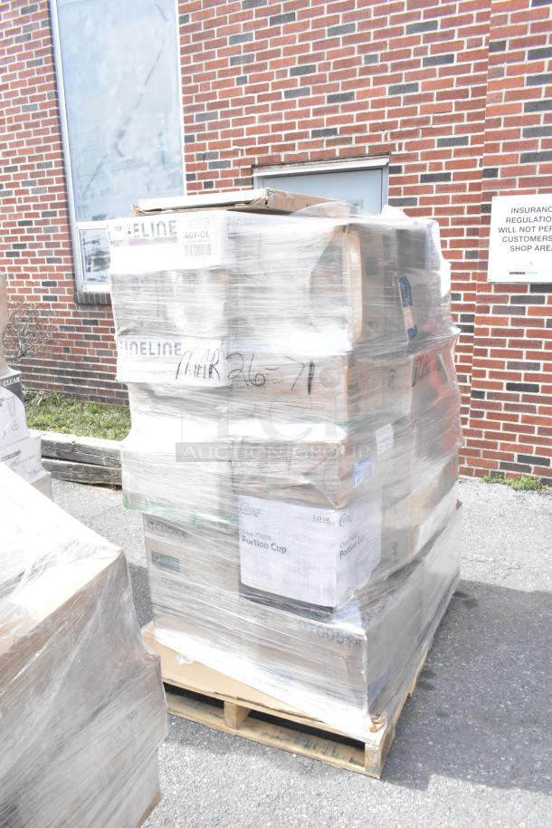 Pallet of 30 scratch and dent items including lids, foam cups, toilet paper, plant fiber. Marked "MAR26-71."
