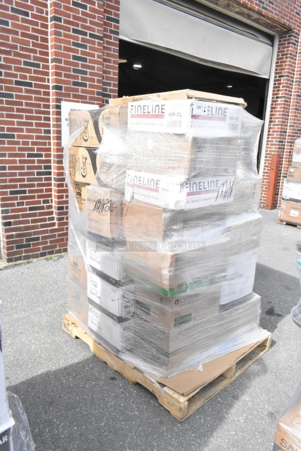 Pallet of 30 brand new scratch and dent items, including lids, foam cups, toilet paper. Wrapped and labeled boxes.