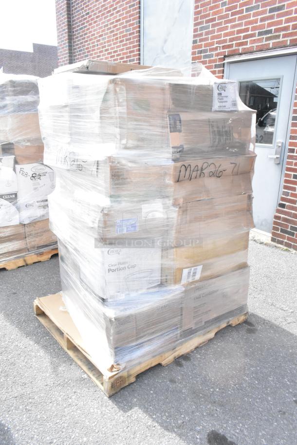 Pallet with 30 new scratch and dent items, including lids, foam cups, toilet paper. Boxes marked "MAR26-71".