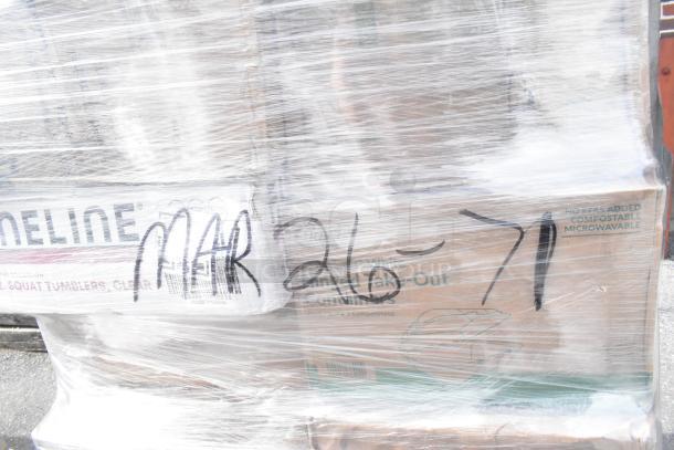 Pallet with 30 new scratch and dent items including lids, foam cups, toilet paper. Visible labels indicate "MAR26-71."