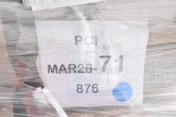 Pallet labeled "PCI MAR26-71" of 30 new scratch and dent items, including lids, foam cups, and plant fiber.