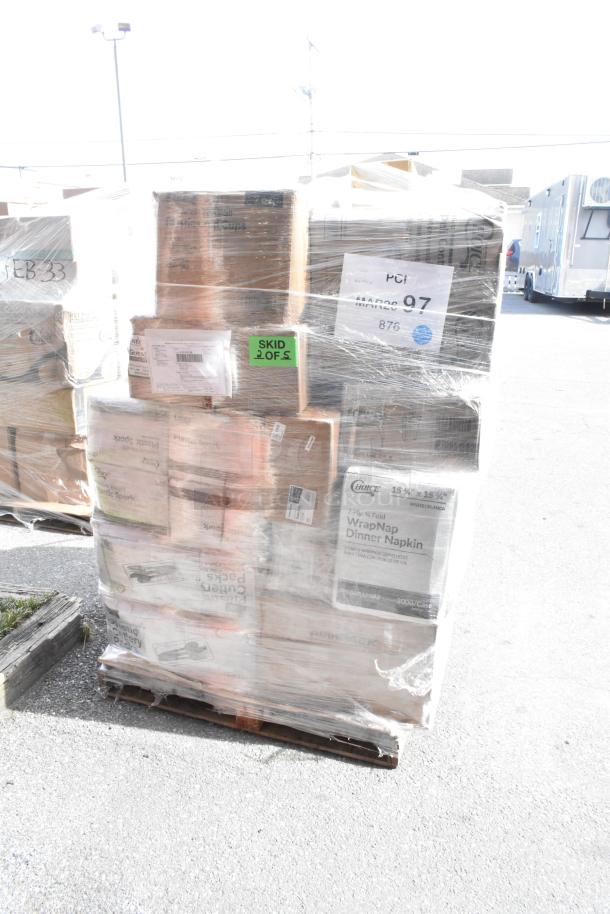 Pallet of 38 new scratch and dent items, including hot cups, take-out bags, teaspoons, and containers, wrapped in plastic.