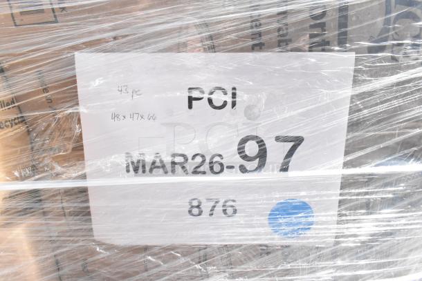 Plastic-wrapped pallet with 38 brand new scratch and dent items including hot cups, bags, and containers, labeled "MAR26-97".