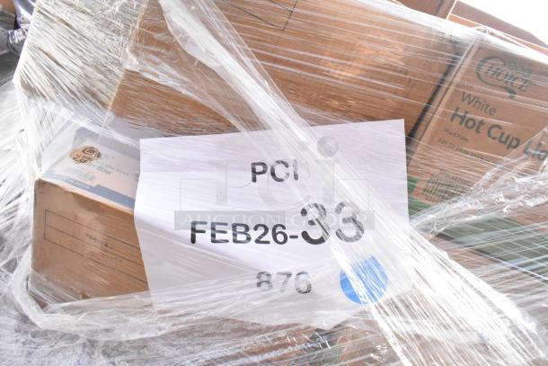 Auction pallet with 40 new scratch and dent items, including cold cups, bags, food cups, and guest towels. Marked FEB26-33.