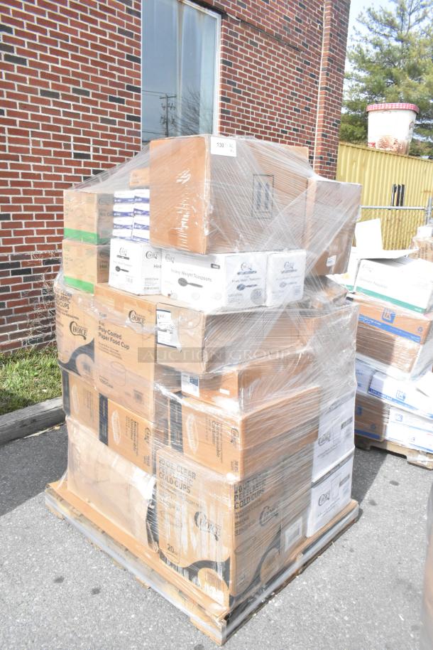 Pallet of 40 new scratch and dent items including cold cups, bags, food cups, and guest towels, wrapped in plastic. Tags show brand names and item types.