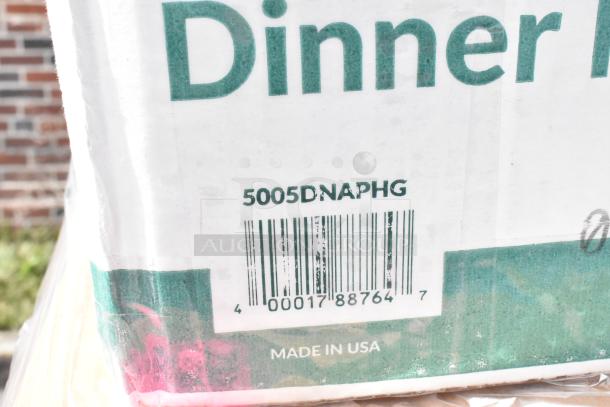 Box with label "5005DNAPHG" and barcode, includes napkins, guest towels, and food bags. Made in USA. New condition.