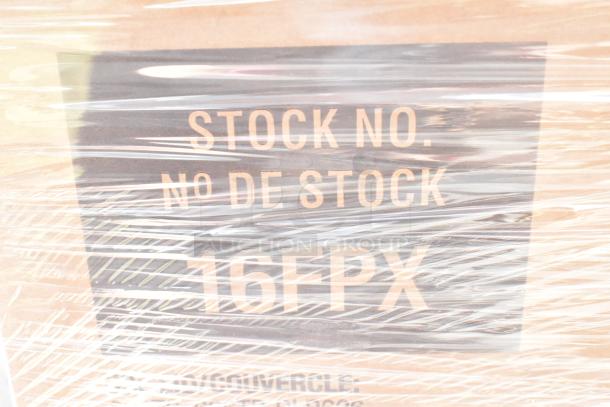 Large box wrapped in plastic, labeled "Stock No. 16FPX." Contains 24 new scratch and dent items, including napkins and food bags.