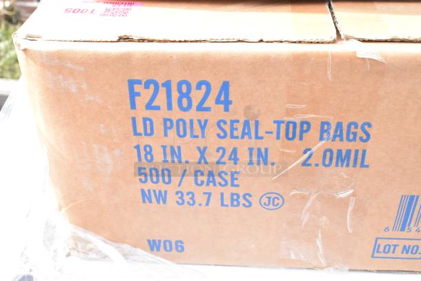 Cardboard box labeled "F21824 LD Poly Seal-Top Bags, 18x24 in, 500/case, 2.0 mil, NW 33.7 lbs."