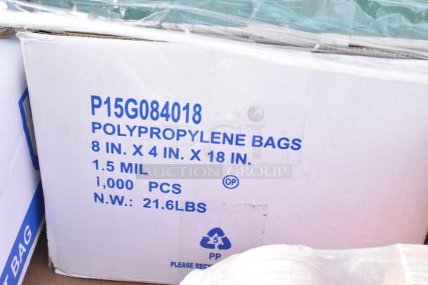 Box of 1,000 polypropylene bags, 8x4x18 inches, 1.5 mil thickness, item P15G084018, weighing 21.6 lbs.