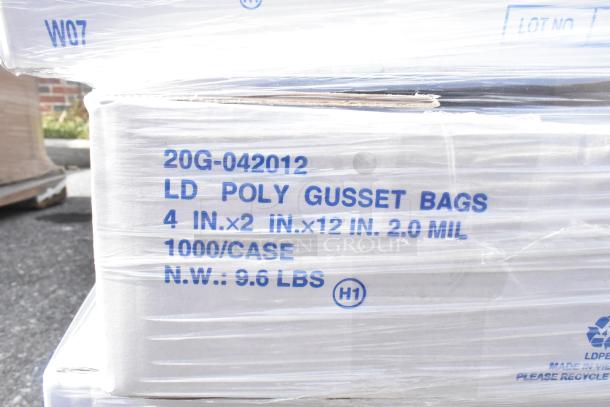 Box labeled "LD Poly Gusset Bags," 4x2x12 in, 2.0 mil, 1000/case. New condition, bulk packaging.