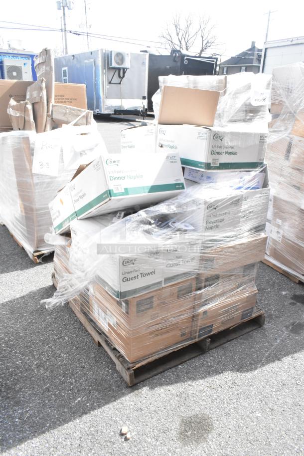 Pallet of 24 new scratch and dent items, including Choice linen-feel dinner napkins and guest towels, shrink-wrapped.