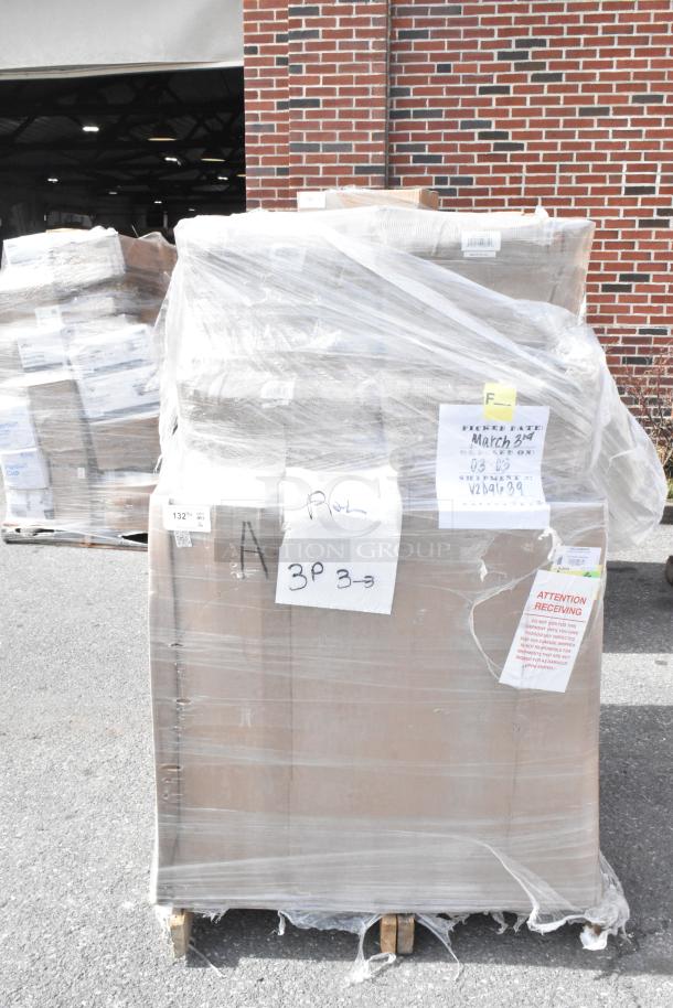16 Lancaster mahogany ladder back chairs with black vinyl seats on pallet, wrapped in plastic. Some damage, detached seats.