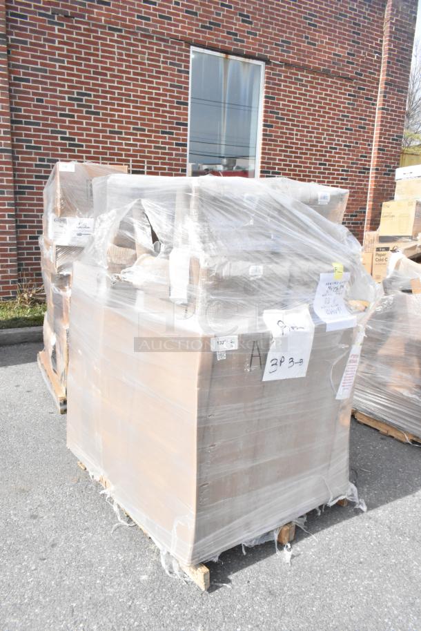 A pallet of 16 new scratch and dent Lancaster chairs with mahogany finish, ladder back, black vinyl seat, wrapped in plastic.