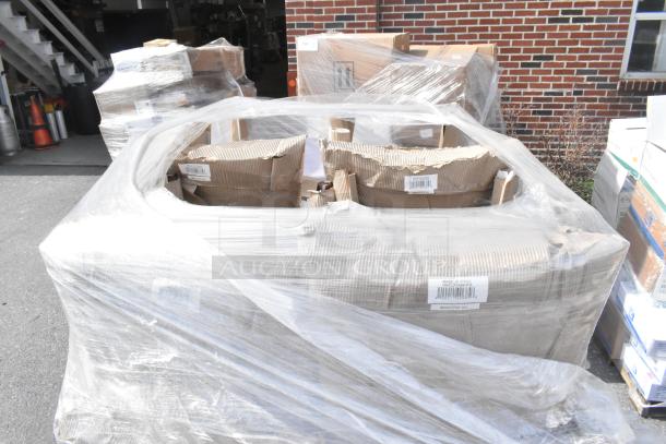 16 new scratch and dent Lancaster Table & Seating mahogany wood ladder back chairs with black vinyl seats.