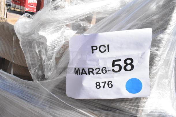 Wrapped pallet of 16 new Lancaster Table & Seating mahogany ladder back chairs, tags showing "MAR26-58".