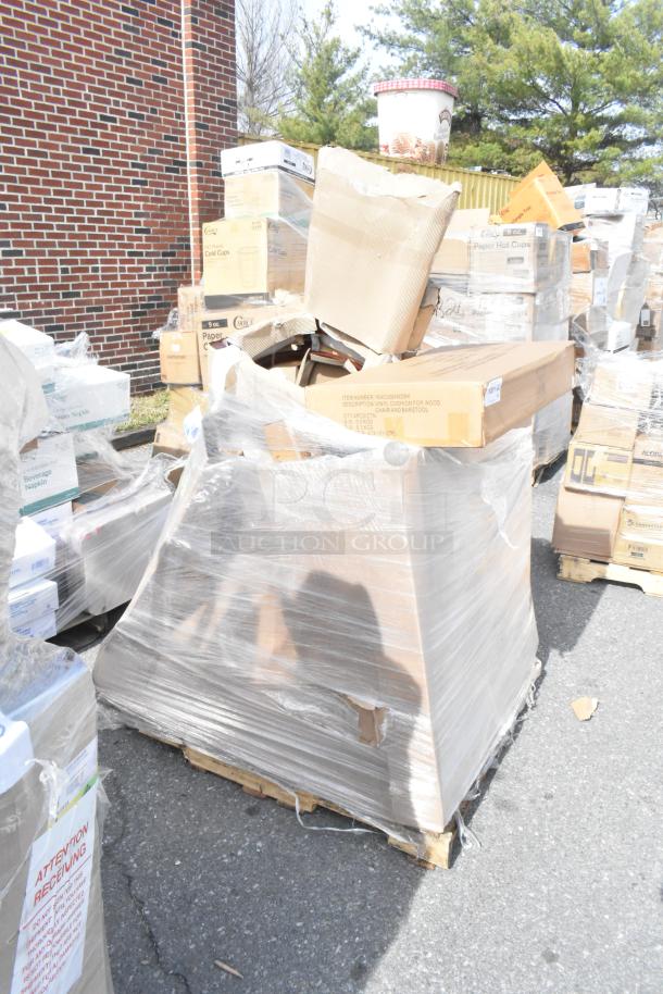 Pallet of 16 new scratch and dent Lancaster Table & Seating mahogany wood chairs, black vinyl seats detached, wrapped in plastic.