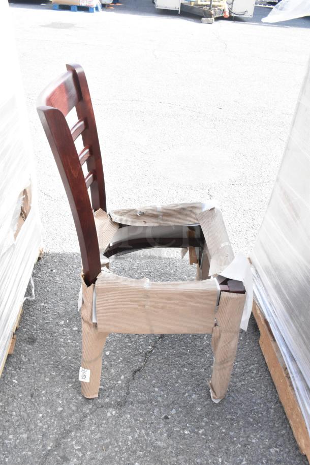 Lancaster Table & Seating Mahogany Ladder Back Chair with Black Vinyl Seat, brand new, seat detached, 16 items available.