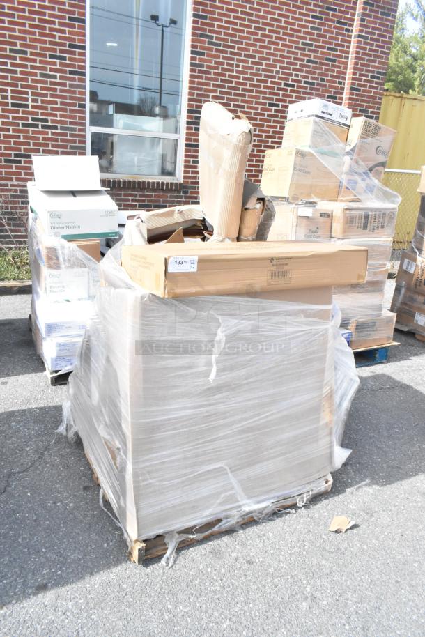 16 new scratch and dent items, including Lancaster mahogany wood ladder back chairs with detached black vinyl seats, palletized and boxed.