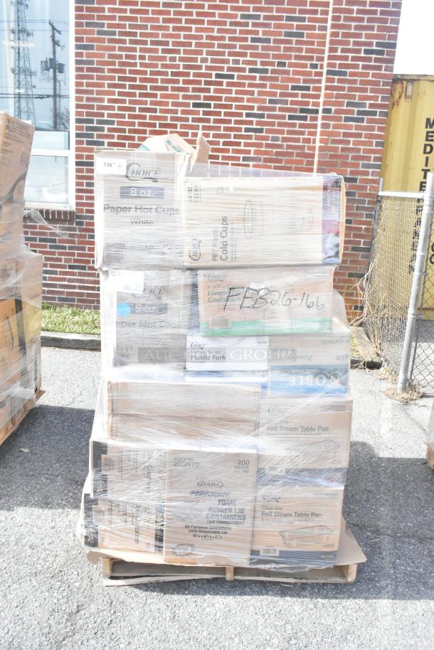Pallet of assorted new scratch and dent items including hot cups, containers, gloves, and more. Labeled FEB26-166.