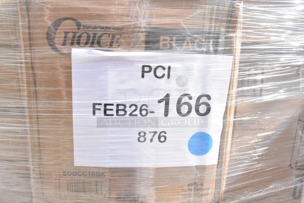 Pallet wrapped in plastic with label "PCI FEB26-166," contains 36 scratch and dent items: containers, gloves, hot cups, bags.