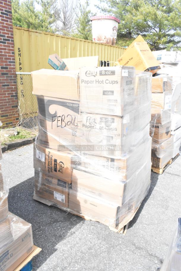 Pallet of 36 new scratch and dent items, including containers, hot cups, and bags, wrapped in plastic. Marked "FEB26-166."
