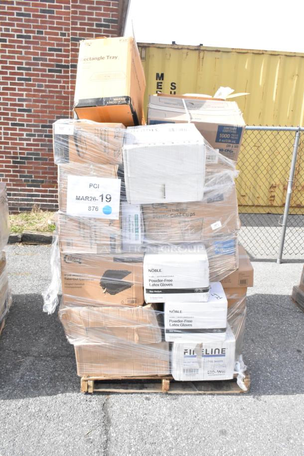 Pallet of 32 brand new scratch-and-dent items including containers and gloves, wrapped in plastic. Tags label "PCI MAR26-19".