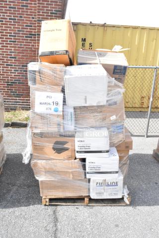 Pallet of 32 brand new scratch-and-dent items including containers and gloves, wrapped in plastic. Tags label "PCI MAR26-19".