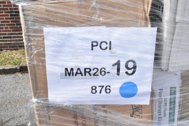 Pallet wrapped with plastic, marked "PCI MAR26-19 876," containing 32 new scratch and dent items, including containers and gloves.