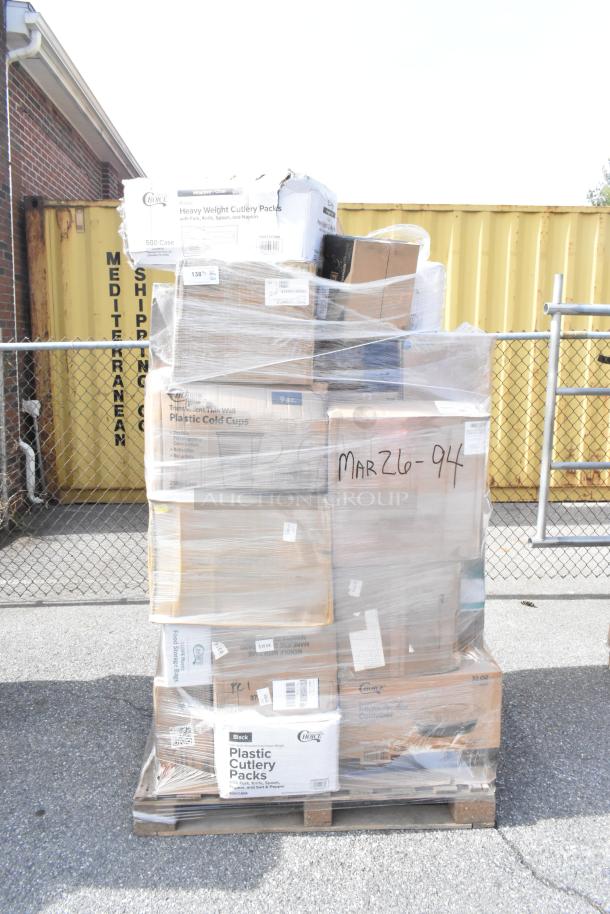 Shrink-wrapped pallet of 32 scratch and dent items, including Choice plastic cutlery and cold cups, marked with "MAR26-94."